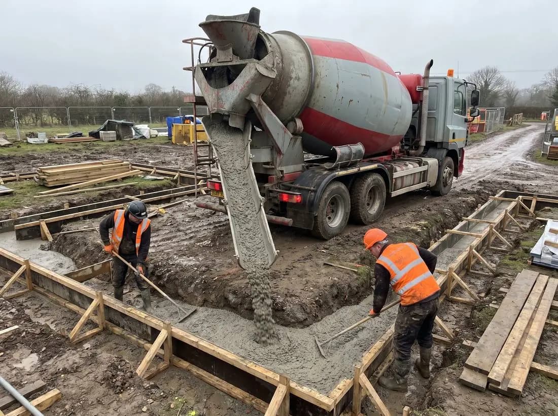 Ready-mix concrete being poured into foundations