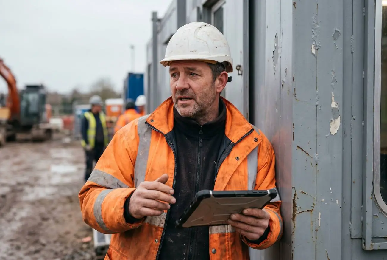 Site manager at a cabin with a tablet