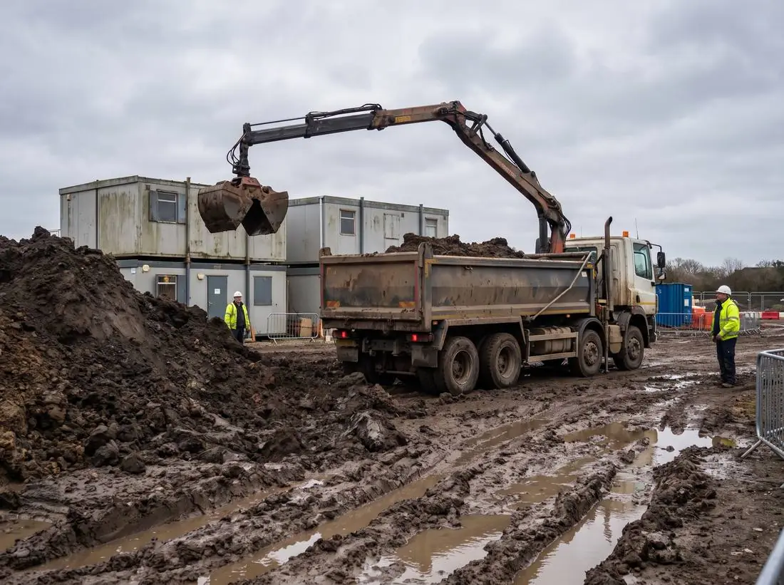 Grab wagon loading soil on a groundworks site