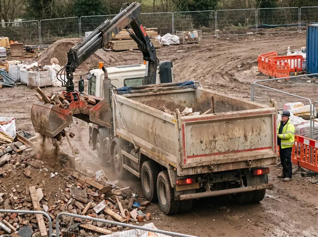 Grab lorry collecting construction waste